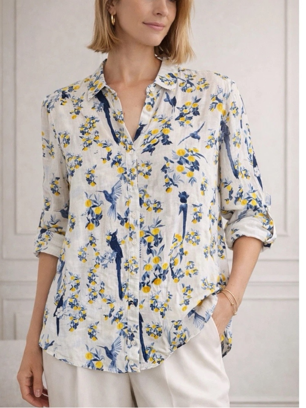 Isaac Mizrahi Women’s Linen-Blend Button-Up Shirt Dress — Blue & Yellow Floral